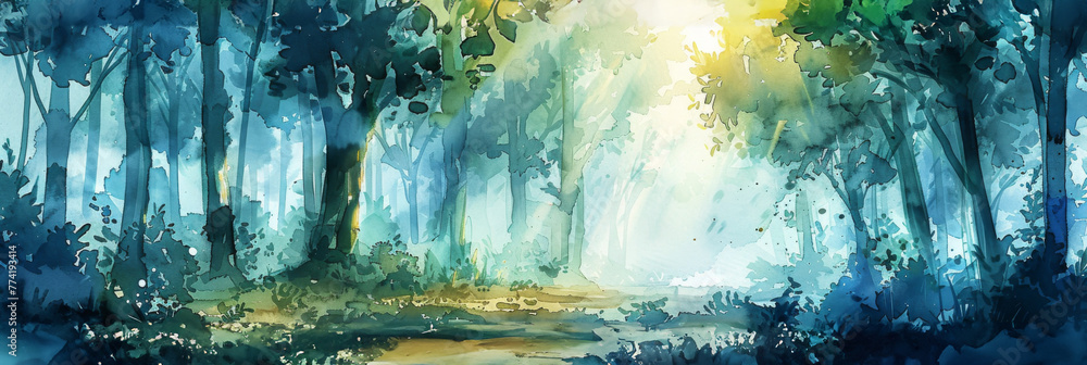 Serene watercolor forest scene with sunlight beam - A peaceful and atmospheric watercolor painting depicting a forest bathed in a soft sunlight beam