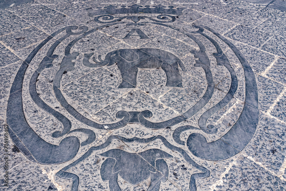 Elephant logo on the marble pavement at Duomo square outside Palazzo degli Elefanti in Catania Sicily, Italy. Elephant logo on the marble pavement at Duomo square outside Palazzo degli Elefanti in Catania Sicily, Italy.