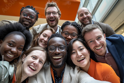 Group photo，In the team, positive men and happy women take photos together in the studio © Rcgs