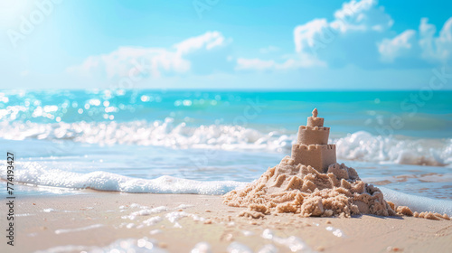 Beautiful sandcastle on the beach with sand on summer vacation on sunny day. Summer vacation, holidays, travel, dream concept. waves washing away sand castle on the sea beach. Copy space photo