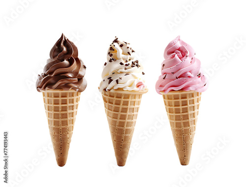 3 ice cream cones, one with vanilla ice cream on top, the second cone has chocolate and the third is pink colored with strawberry ice cream on it, isolated white background