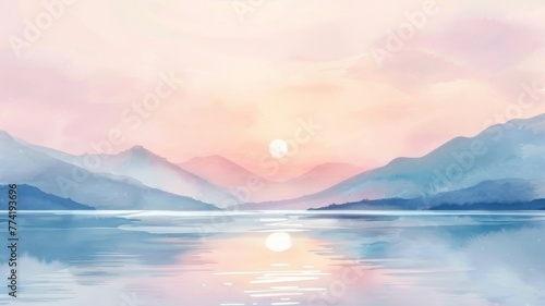 Tranquil lake and mountains at dawn - A tranquil scene depicting an early morning lake with surrounding mountains reflecting in its still waters