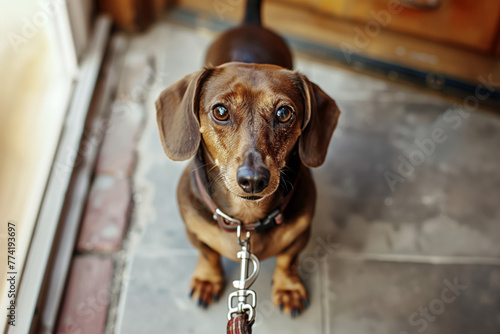 A Dachshund dog sits on a taut leash, looking into the frame at its owner. The dog is asking to go for a walk. The dog eagerly anticipates a stroll with its owner.