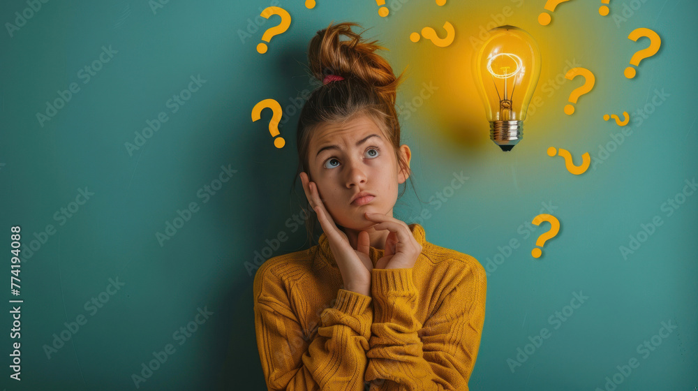 Woman in yellow sweater looking thoughtful with glowing light bulb above her head surrounded by question marks Concept of idea generation and curiosity - obrazy, fototapety, plakaty 