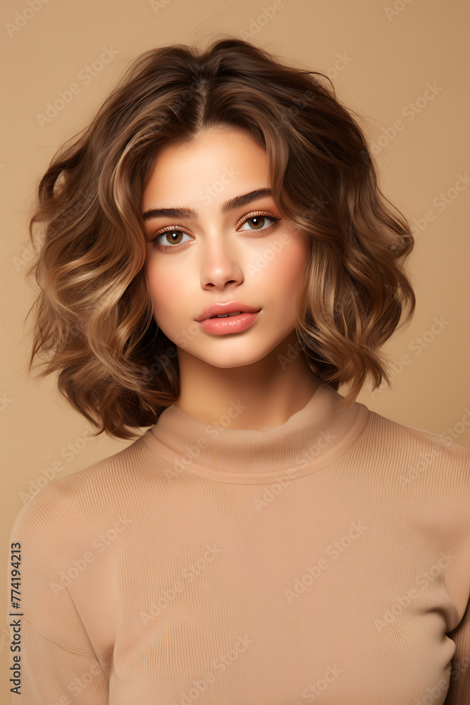 Portrait of a beautiful young woman with curly hairstyle and makeup Portrait of a beautiful young woman with curly hairstyle and makeup
