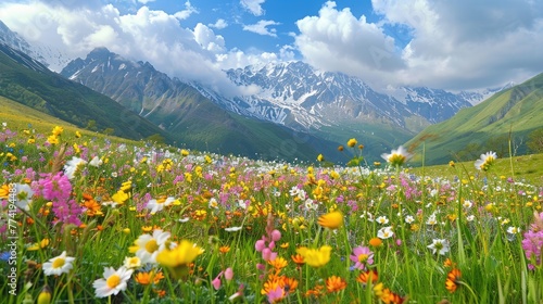 Wild mountain flowers. Spring blossom at the high caucasus mountains - Svaneti  Georgia