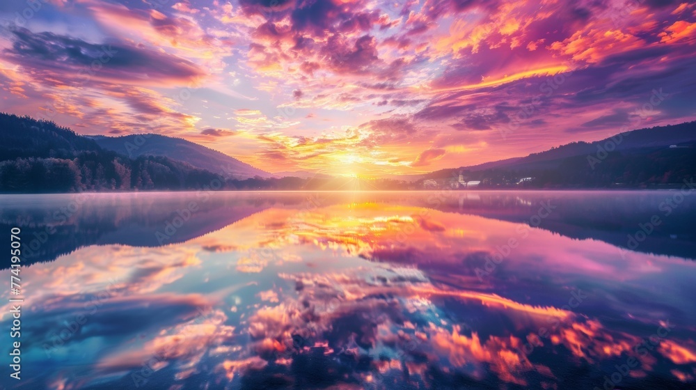 A serene lake reflects the explosion of colors from the sunset above A serene lake reflects the explosion of colors from the sunset above
