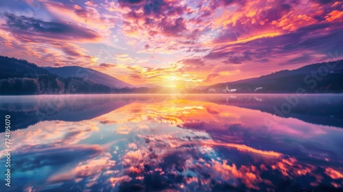 A serene lake reflects the explosion of colors from the sunset above © WARIT_S