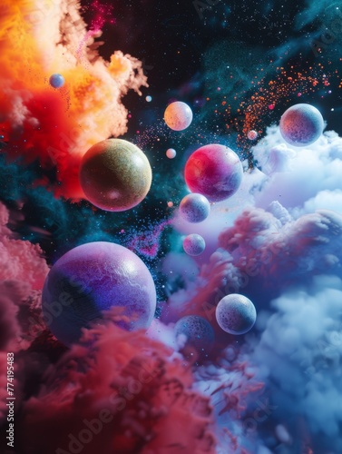 Cosmic spectacle with colorful planets and clouds - An awe-inspiring depiction of otherworldly planets amidst vivid clouds and cosmic particles, evoking a sense of cosmic wonder