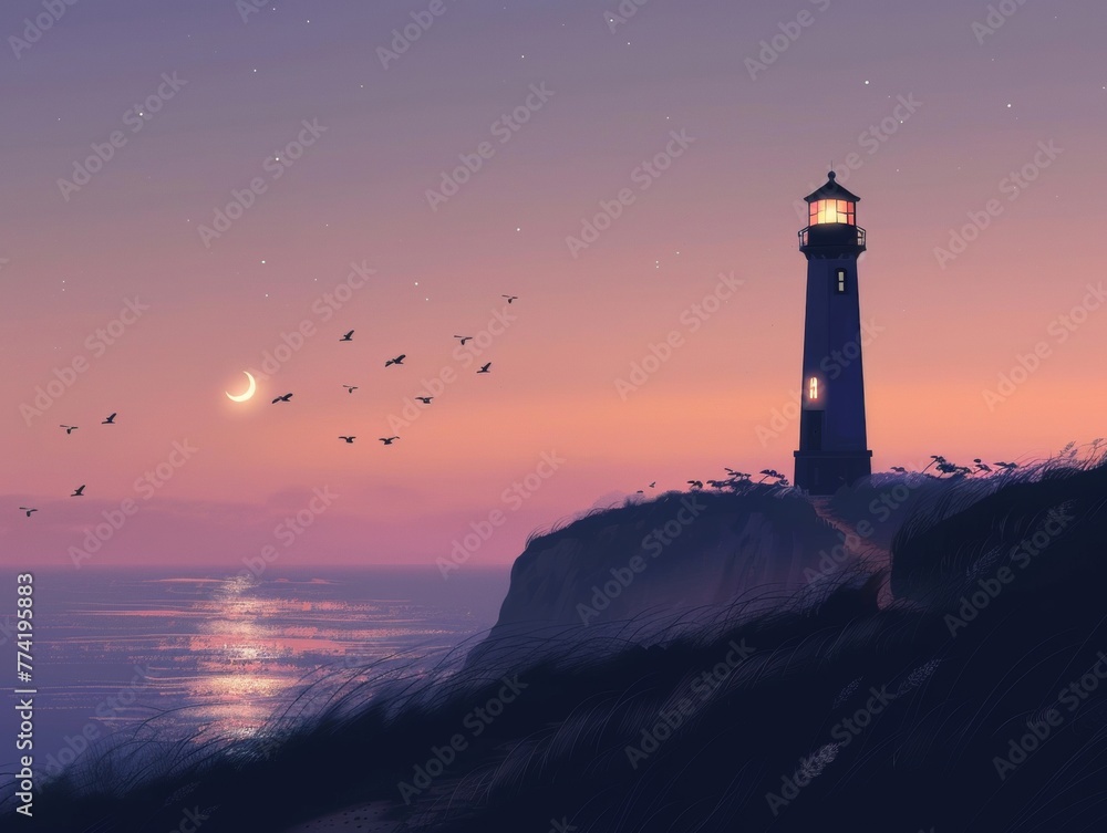 A solitary lighthouse stands against the twilight