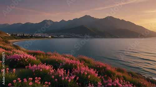 Vibrant pink flowers frame a breathtaking view of a calm blue sea and distant mountains.generative.ai