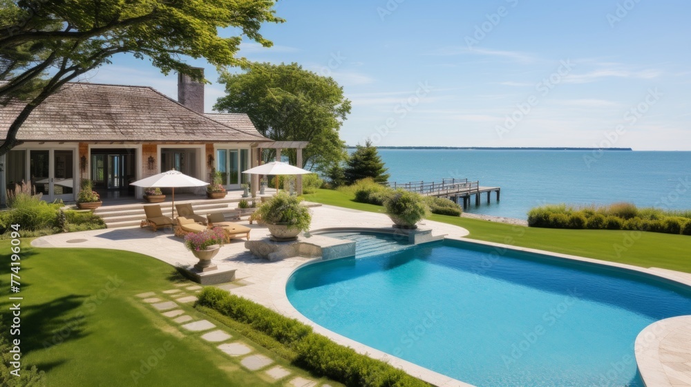 Mediterranean inspired villa with a sprawling garden and a private beach access in the exclusive Hamptons, New York