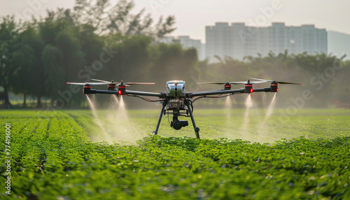 A drone spraying a field of crops by AI generated image