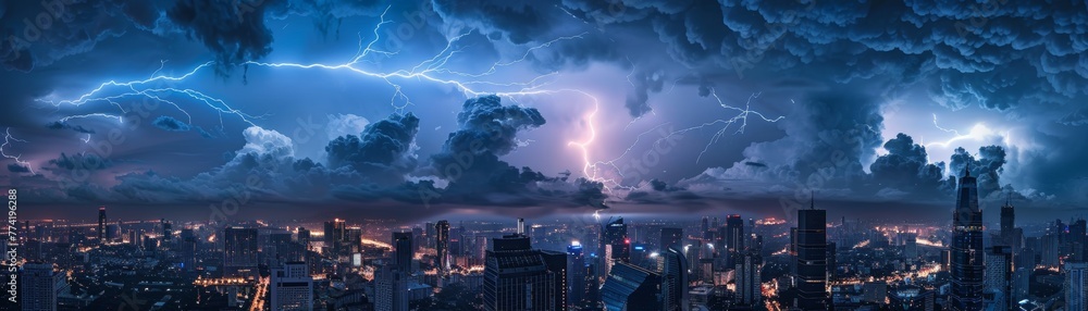 A symphony of lightning illuminates the sky above a sleeping city.