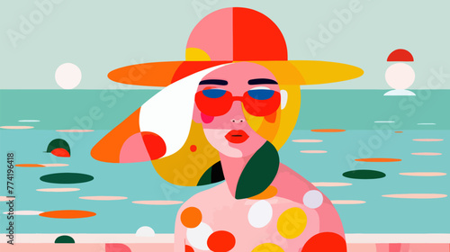 Woman Wearing Hat and Sunglasses on Beach vector illustration 2d