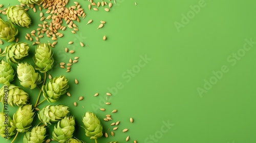 Fresh green hops and barley grains on a vibrant background with ample space for text photo