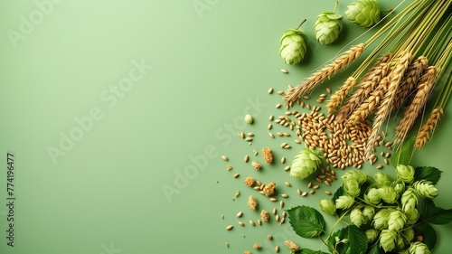 Wheat ears, hops, and barley grains on a green background, arranged in decorative pattern photo