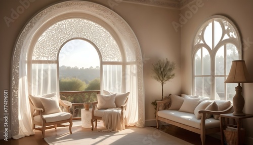 Soft morning light filtering through sheer curtains, illuminating the intricately carved details of a whitewashed round arch framing a cozy reading nook.