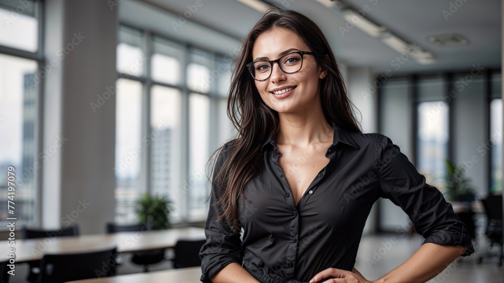 Portrait of a smiling young businesswoman in glasses standing in the office Portrait of a smiling young businesswoman in glasses standing in the office