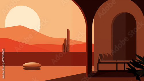 Illustration flat design d'un riad au Maroc, dans le désert du Sahara. Habitation, architecture, paysage. Chaleur, douceur, calme. Pour conception et création graphique. 