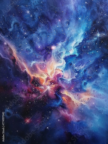 Dynamic watercolor interpretation of space - This watercolor artwork captures the dynamic and intense energy of space with swirling colors and sparkling effects