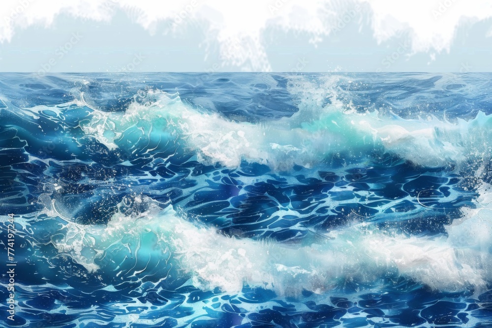 Turquoise blue sea with waves and foam - Vivid and energetic digital portrayal of rolling turquoise sea with foamy crests, under a sunny blue sky
