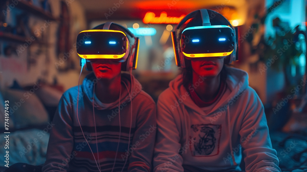 Two teenage boys in virtual reality helmets play online games. Illustration about gambling addiction. Two teenage boys in virtual reality helmets play online games. Illustration about gambling addiction.