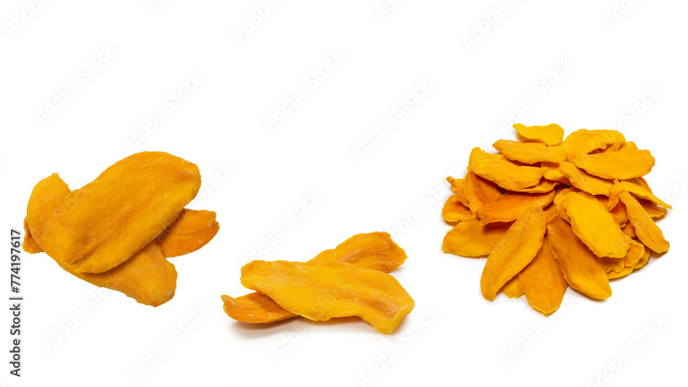 Dry tasty mango slices isolated on a white background. Dry tasty mango slices isolated on a white background.