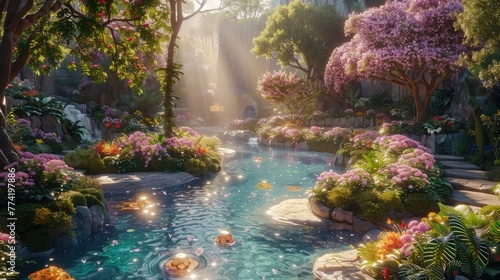 Enchanted Garden with Waterfall and Blooming Flowers