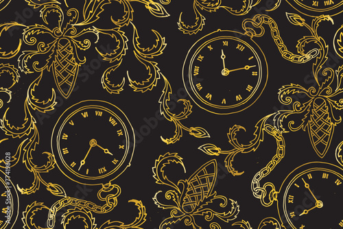 Seamless pattern with Vintage pocket watches with acanthus leaf ornaments. Hand drawn Retro, Art Deco style pocket watch with chain vector illustration