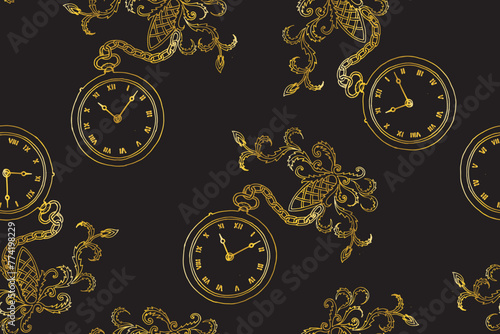 Seamless pattern with Vintage pocket watches with acanthus leaf ornaments. Hand drawn Retro, Art Deco style pocket watch with chain vector illustration
