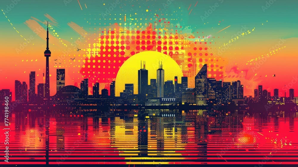 Abstract Pixelated Sunset Over City Reflection