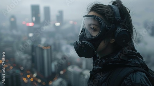 Woman with Gas Mask Overlooking a Hazy Cityscape