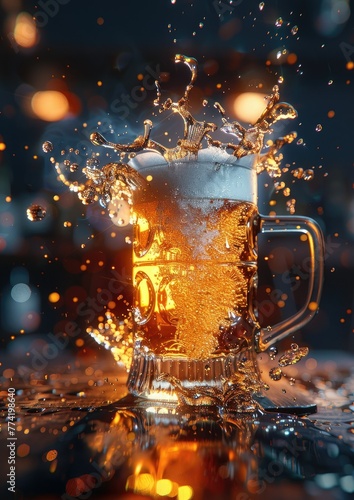 Create a dynamic and appealing scene in a prompt featuring a cheers gesture, emphasizing cold beer with a splash bursting out of the mug