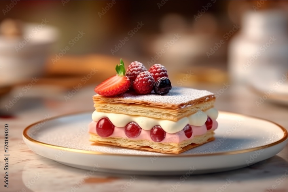 Mille-Feuille dessert on plate for selling premium dessert on restaurant elegant blurred background. Mille-Feuille dessert on plate for selling premium dessert on restaurant elegant blurred background.