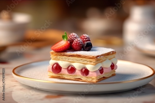 Mille-Feuille dessert on plate for selling premium dessert on restaurant elegant blurred background.