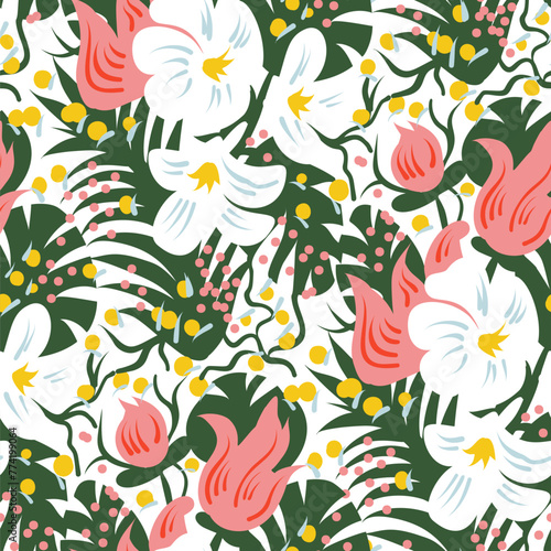 Seamless pattern with flowers in doodle style. Vector