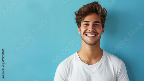 Smiling young caucasian man wearing white t-shirt, isolated on blue background © NadiaArts