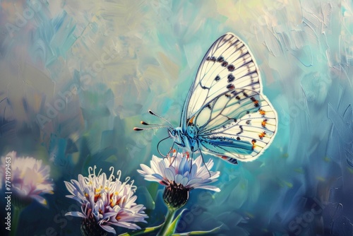 A graceful butterfly on a blooming flower, its wings delicate in the detailed oil painting