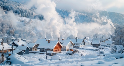 Snow-blanketed rural village, with smoke rising from chimneys and snow-covered roofs adding to the postcard-perfect winter wonderland.