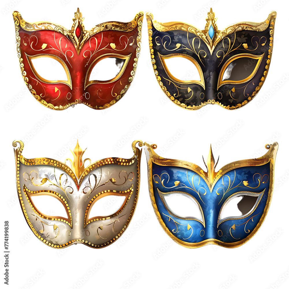 A collection of four identical masks, each exhibiting a different color and pattern. A collection of four identical masks, each exhibiting a different color and pattern.