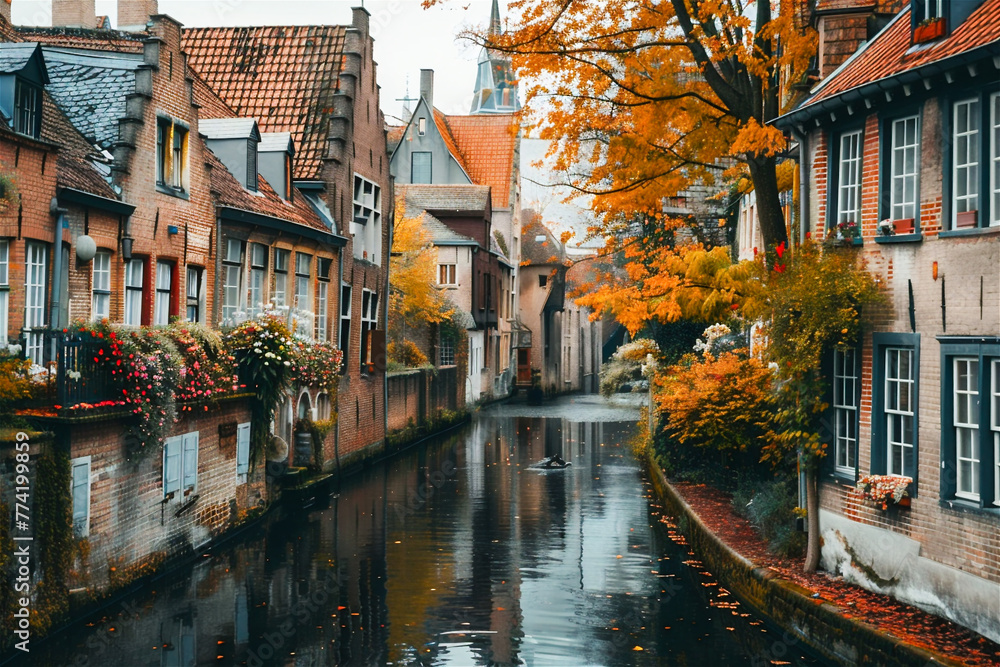 Canal in a Medieval Town.  Generated Image.  A digital rendering of a canal in a European town dating from medieval era.