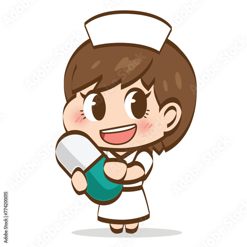 A cute outer outline cartoon style female nurse is recommending some services of pharmacy.