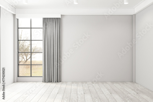 Empty room with gray wall and wood floor. 3d rendering