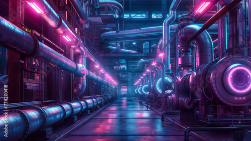 A neon colored industrial space with pipes and tubes