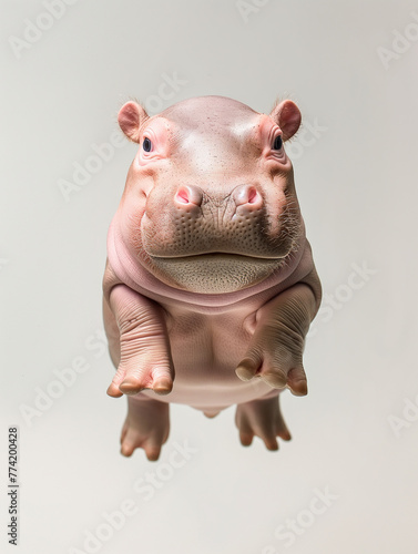 A baby hippo is shown in the air with its head up and looking at the camera photo