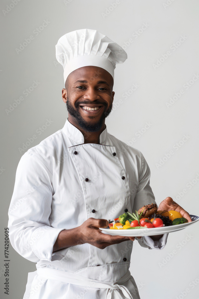 A happy chef in white uniform poses with a fresh salad dish, representing healthy eating A happy chef in white uniform poses with a fresh salad dish, representing healthy eating