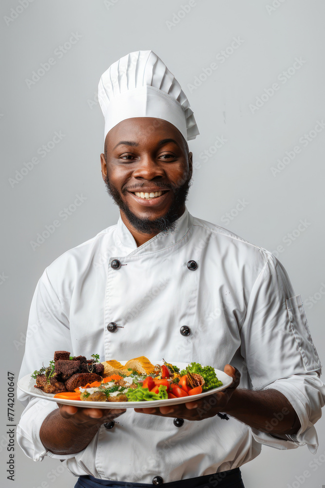 A smiling chef in white offers a plate of colorful food, highlighting presentation skills A smiling chef in white offers a plate of colorful food, highlighting presentation skills