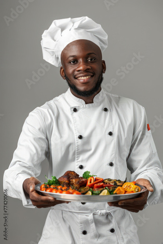 A smiling chef showing a plate of colorful grilled vegetables and meat in front of a grey background