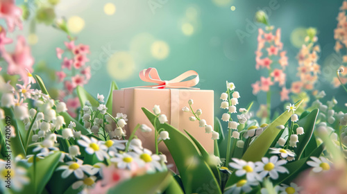 3D Pink Gift Box With Lily Of The Valley And Daisies Flowers Around © Immersive Dimension